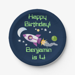 Cute rocket ship in space cartoon illustration paper plates
