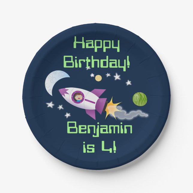 Cute rocket ship in space cartoon illustration paper plates (Front)