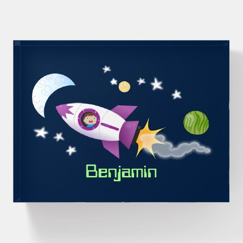 Cute rocket ship in space cartoon illustration paperweight