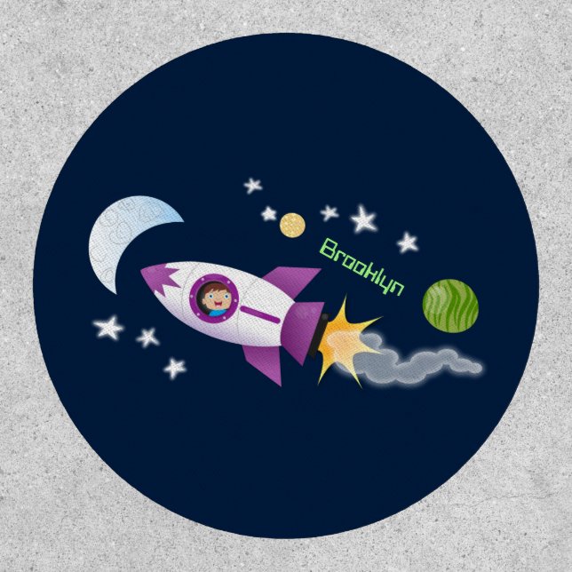 Cute rocket ship in space cartoon illustration patch (Front)