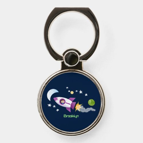 Cute rocket ship in space cartoon illustration phone ring stand