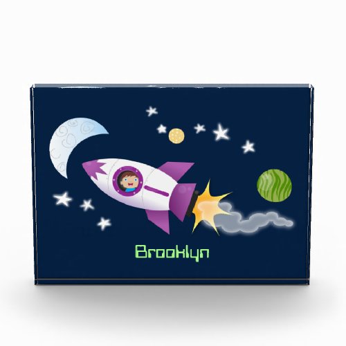 Cute rocket ship in space cartoon illustration photo block