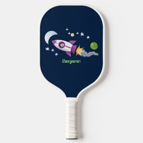 Cute rocket ship in space cartoon illustration  pickleball paddle