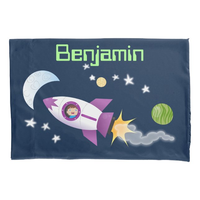 Cute rocket ship in space cartoon illustration pillow case (Front)