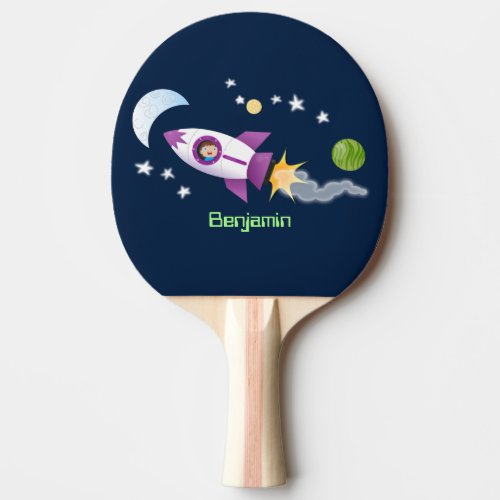 Cute rocket ship in space cartoon illustration ping pong paddle