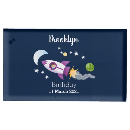 Cute rocket ship in space cartoon illustration place card holder