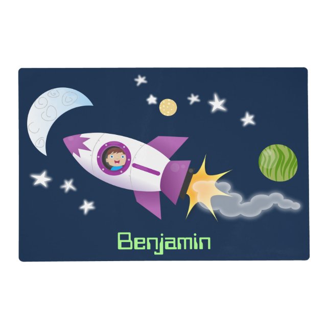 Cute rocket ship in space cartoon illustration placemat (Front)