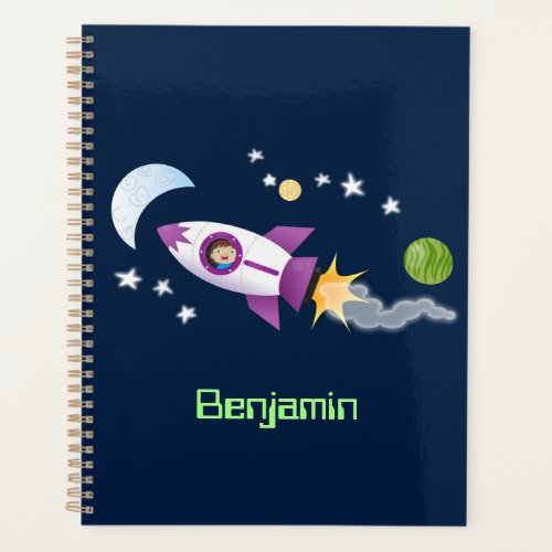 Cute rocket ship in space cartoon illustration planner