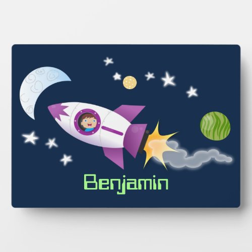 Cute rocket ship in space cartoon illustration plaque