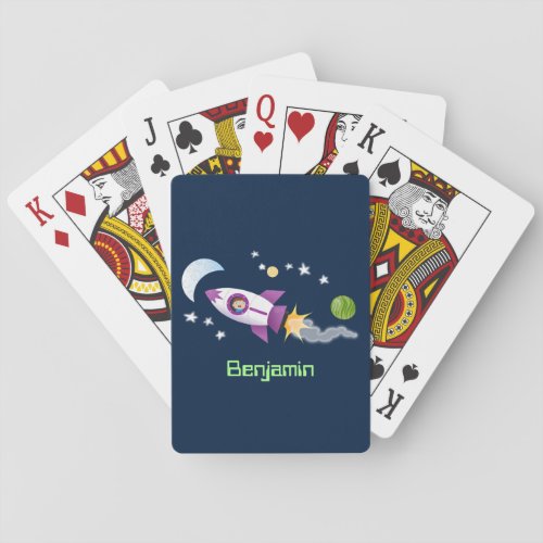 Cute rocket ship in space cartoon illustration playing cards
