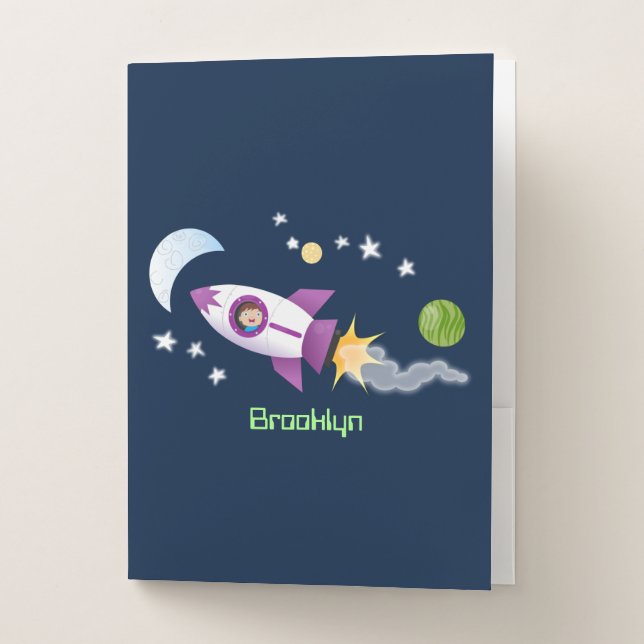 Cute rocket ship in space cartoon illustration pocket folder (Front)