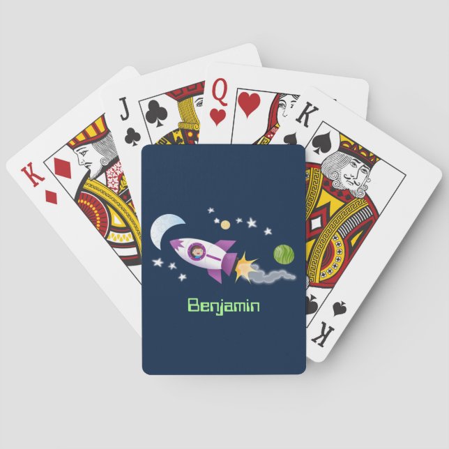 Cute rocket ship in space cartoon illustration poker cards (Back)