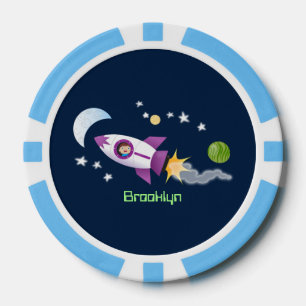 Cute rocket ship in space cartoon illustration poker chips