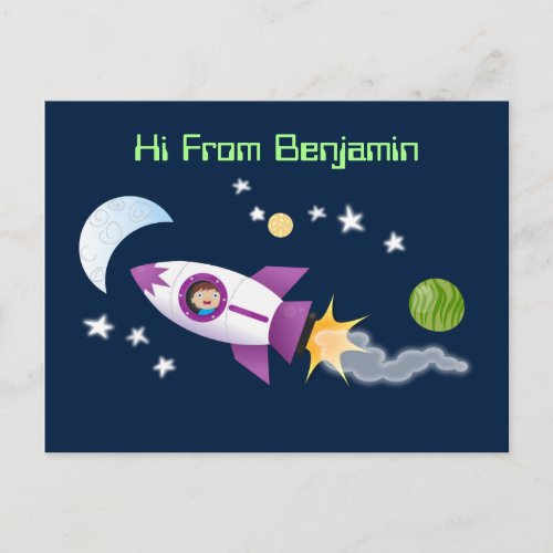Cute rocket ship in space cartoon illustration postcard
