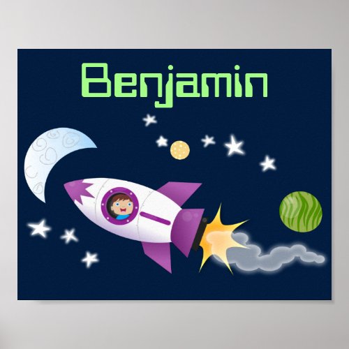 Cute rocket ship in space cartoon illustration poster