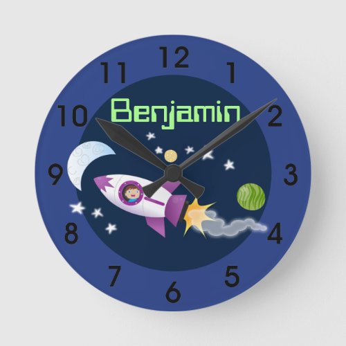 Cute rocket ship in space cartoon illustration round clock