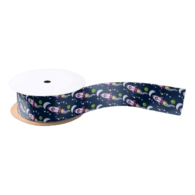 Cute rocket ship in space cartoon illustration satin ribbon (Spool)