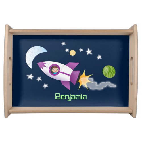 Cute rocket ship in space cartoon illustration serving tray