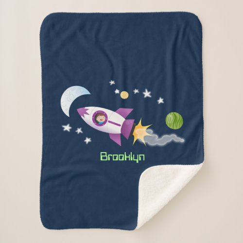 Cute rocket ship in space cartoon illustration sherpa blanket