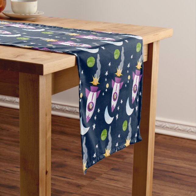 Cute rocket ship in space cartoon illustration short table runner (In Situ)