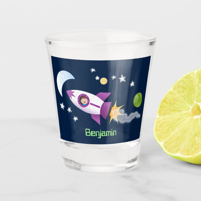 Cute rocket ship in space cartoon illustration shot glass (Front)