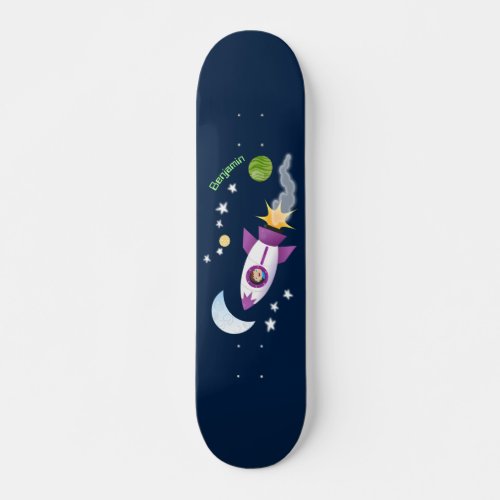 Cute rocket ship in space cartoon illustration skateboard