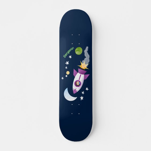 Cute rocket ship in space cartoon illustration skateboard (Front)