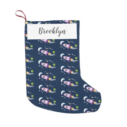 Cute rocket ship in space cartoon illustration small christmas stocking