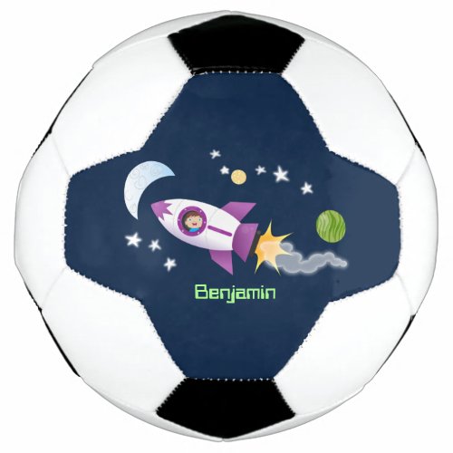 Cute rocket ship in space cartoon illustration soccer ball