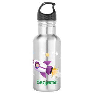 Cute rocket ship in space cartoon illustration stainless steel water bottle