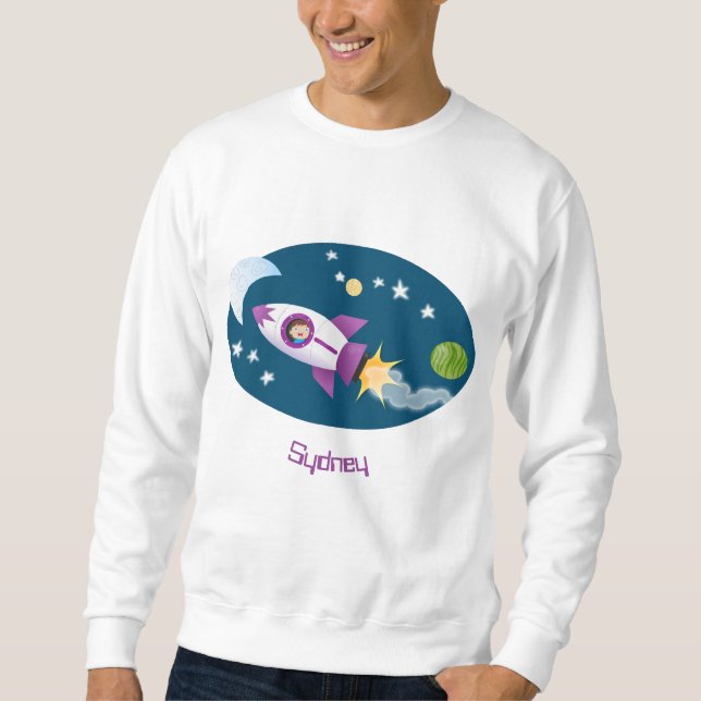 Cute rocket ship in space cartoon illustration sweatshirt (Front)
