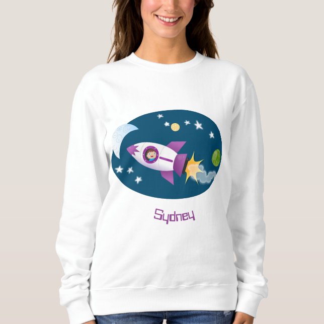 Cute rocket ship in space cartoon illustration sweatshirt (Front)