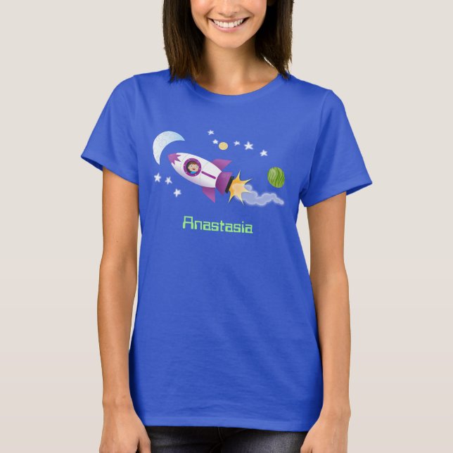 Cute rocket ship in space cartoon illustration T-Shirt (Front)