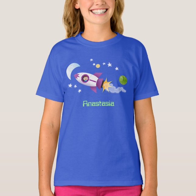 Cute rocket ship in space cartoon illustration T-Shirt (Front)