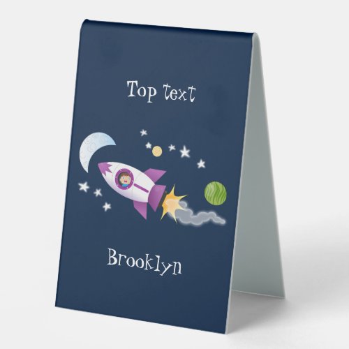Cute rocket ship in space cartoon illustration table tent sign