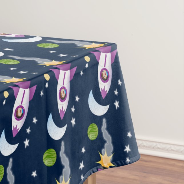 Cute rocket ship in space cartoon illustration tablecloth (In Situ)