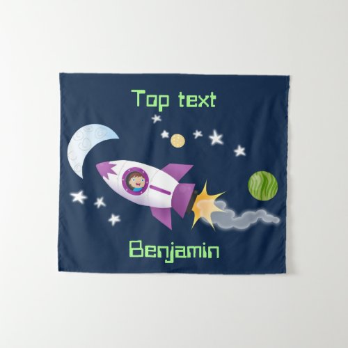 Cute rocket ship in space cartoon illustration  tapestry