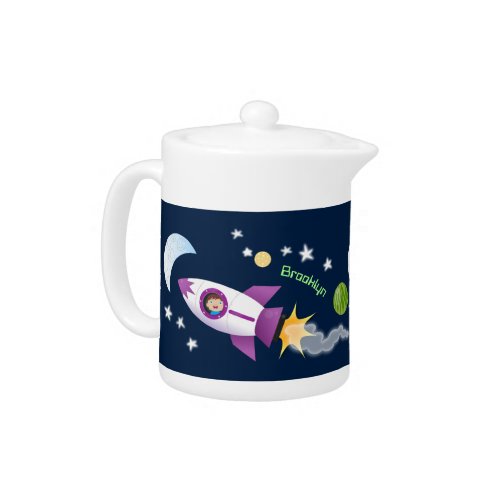Cute rocket ship in space cartoon illustration teapot