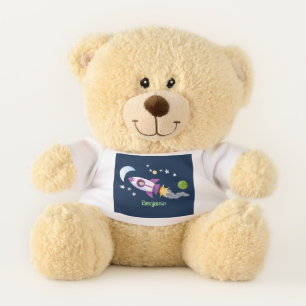 Cute rocket ship in space cartoon illustration teddy bear