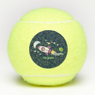Cute rocket ship in space cartoon illustration tennis balls