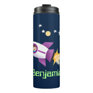 Cute rocket ship in space cartoon illustration thermal tumbler