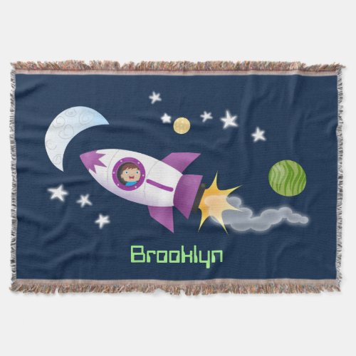 Cute rocket ship in space cartoon illustration throw blanket