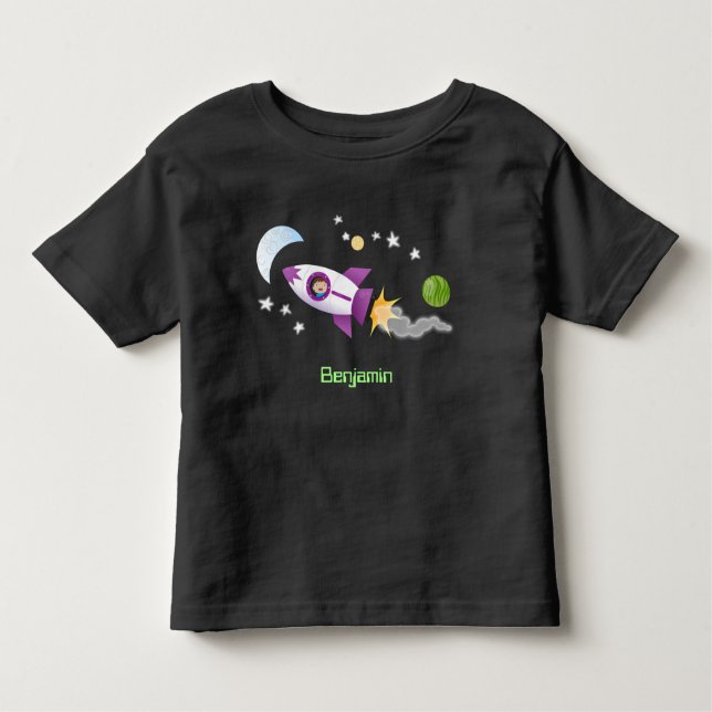 Cute rocket ship in space cartoon illustration toddler t-shirt (Front)