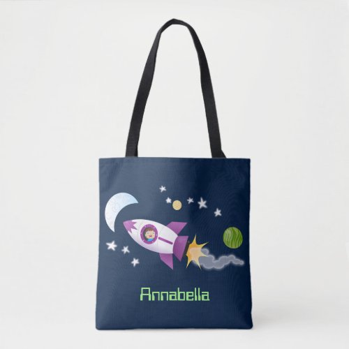 Cute rocket ship in space cartoon illustration tote bag