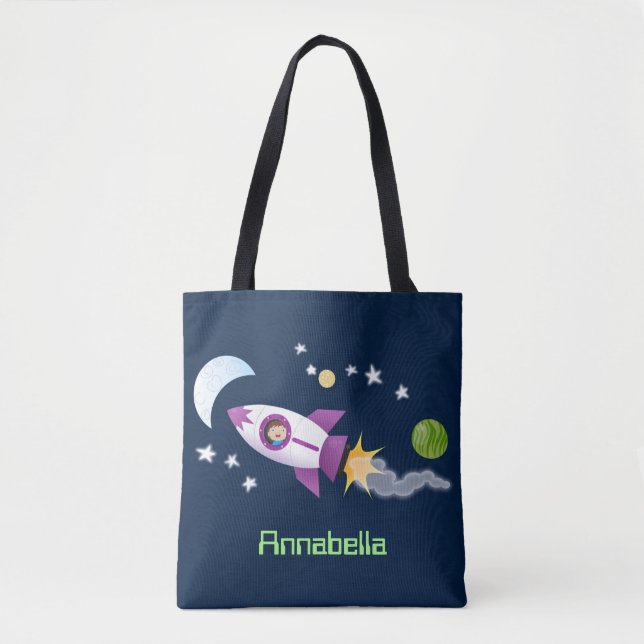 Cute rocket ship in space cartoon illustration tote bag (Front)
