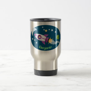 Cute rocket ship in space cartoon illustration travel mug