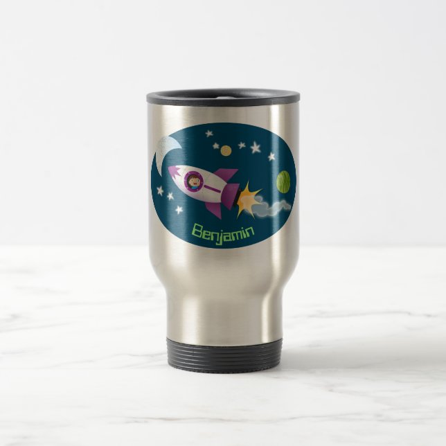Cute rocket ship in space cartoon illustration travel mug (Center)