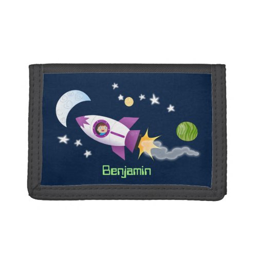 Cute rocket ship in space cartoon illustration trifold wallet