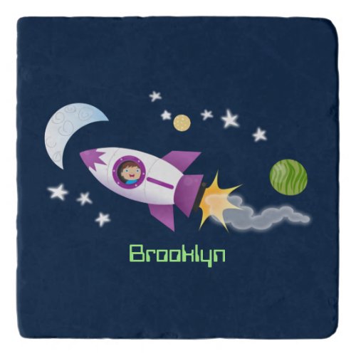 Cute rocket ship in space cartoon illustration trivet