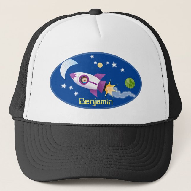 Cute rocket ship in space cartoon illustration trucker hat (Front)